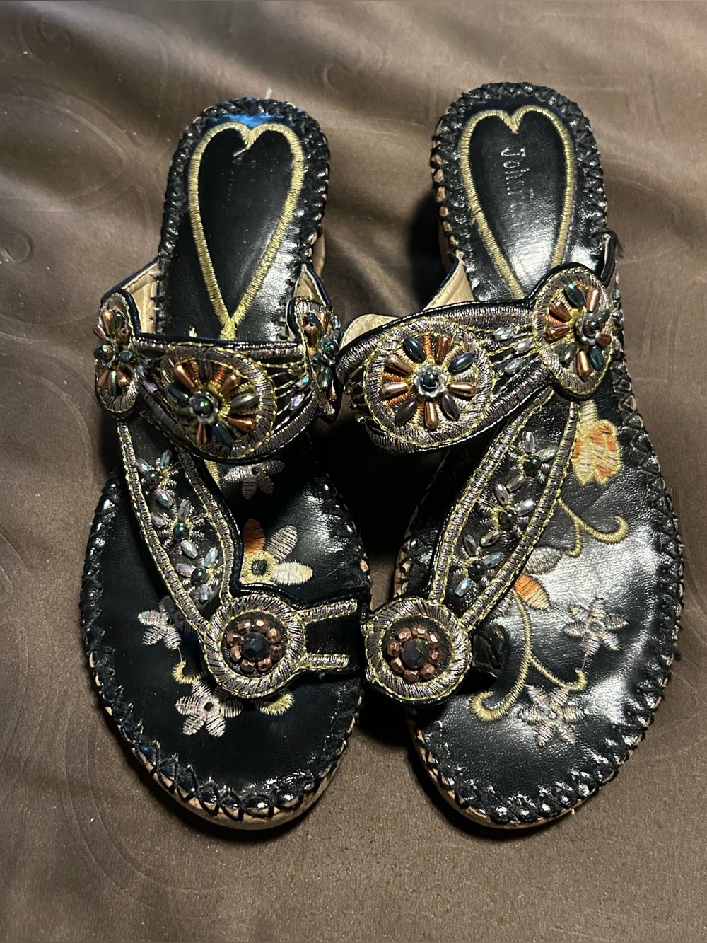 Embellished Black Floral Leather Slide Sandals